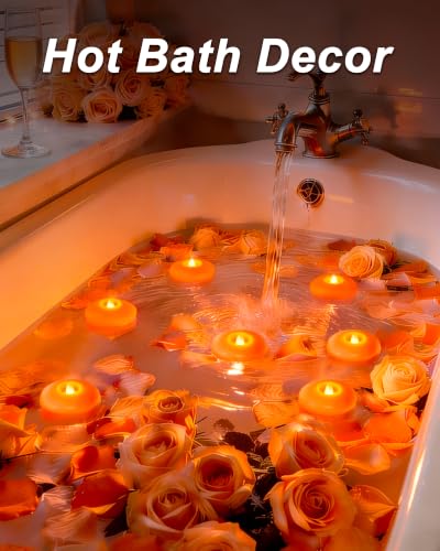 Image of Homemory 12Pack 3 inch Orange Flameless Floating LED Tealight Candles | Waterproof battery operated 200h runtime, water sensor activated, flicking flame, for halloween party centerpiece decor