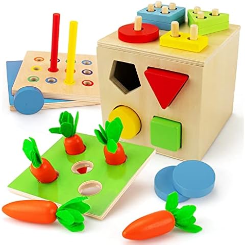 beetoy Montessori Wooden Toys 5-in-1 for 1-5 Year Old Boys Girls, Educational Sorting Matching Game Wood Preschool Learning Motor Skills Puzzle, Carrot Harvest Shape Sorter, Color Matching Sensory Toy Cover