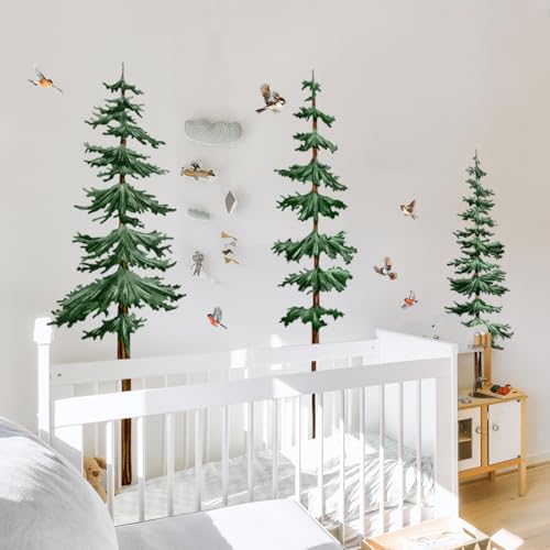 Large Pine Tree Wall Decal Forest Animal Wall Stickers Woodland Animals Bird Decor Waterproof Peel and Stick Wall Murals Decals for Nursery Boys Bedroom Classroom (Pine Trees)