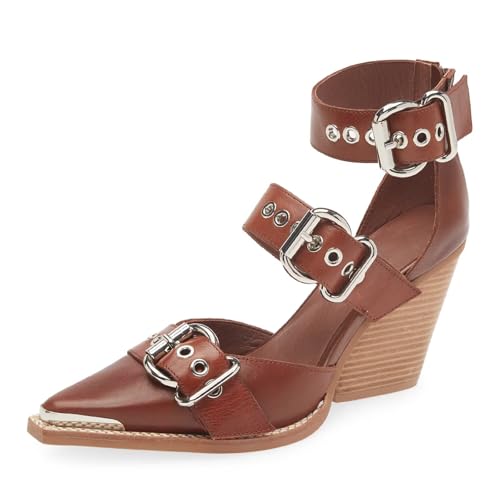 Agodor Chunky Heels for Women Wedge Stacked Heeled Sandals Pointed Toe Pumps Metal Buckle Straps Dress Shoes