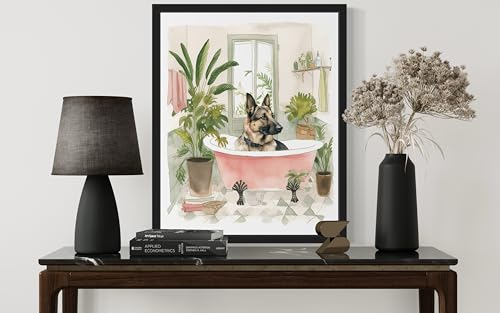 Image of German Shepherd in Bathtub Black Framed Wall Art Poster Print, Animal Bathtub Restroom Wall Art Painting for Bathroom Decor Gallery Gallery 30 (German Shepherd in Bathtub, 24 inch L x 18 inch W, Black Frame)