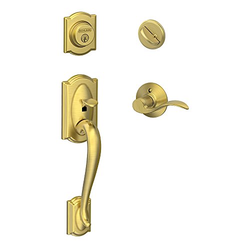 SCHLAGE Camelot Single Cylinder Handleset and Left Hand Accent Lever, Satin Brass (F60 CAM 608 Acc LH) SCHLAGE Camelot Single Cylinder Handleset and Left Hand Accent Lever, Satin Brass (F60 CAM 608 Acc LH)