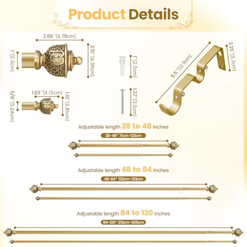 Doppelte Gardinenstange mit Vintage-Endstücken, 2,5 cm, goldfarben, 122,9-213,3 cm, für Schlafzimmer und Heimdekoration