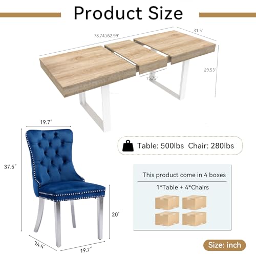 Image of 63 inch-78.74 inch Oak Extendable Dining Room Table Set for 4, 5-Piece Dining Table Set with 4 Upholstered Chairs, Rectangle Wooden Expanding Kitchen Table and Blue Chairs Set