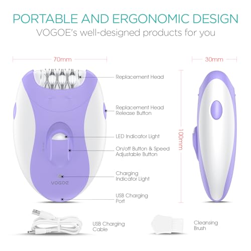 VOGOE Epilator for Women-Cordless Epilators Hair Removal for Women, 4-in-1 Electric Razor Hair Remover, 2 Speeds & 21 Tweezers for Face Legs Arms Armpit Bikini, Purple HR310