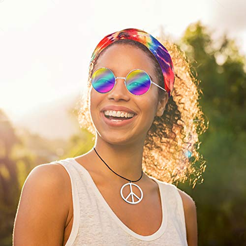 R HORSE 6Pcs Halloween Costume Set Rainbow Peace Sign Necklaces Flower Headband Rainbow Sunglasses Tie Dye Headband 60s 70s Accessories for Women Men