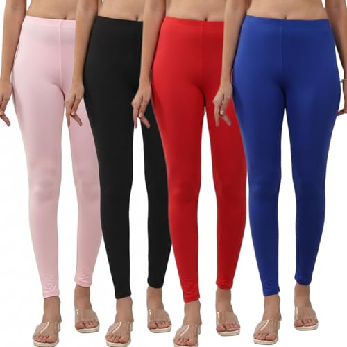 Image of Volex Women and Girls Full Length Leggings | Cotton Spandex /Elastane 4 Way Stretchable | Casual Slim fit Ultra Soft Leggings-Pack of 4