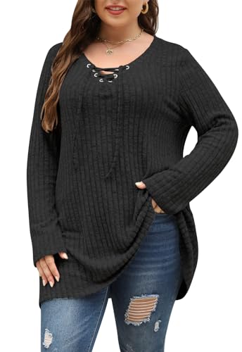 Image of Nemidor Women Plus Size Casual Tunic Top Drawstring V Neck Long Sleeve | 1X-5X plus, ribbed knit, long sweater, solid, semi-fitted flattering cut for curvy women, Fall, Winter, work, daily, dinner
