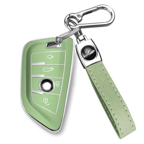 Image of QBUC for BMW Key Fob Cover with Leather Keychain | for BMW 2 5 6 7 Series X1 X2 X3 X5 X6 X7 Premium Soft TPU Key Fob Holder (1-Green)