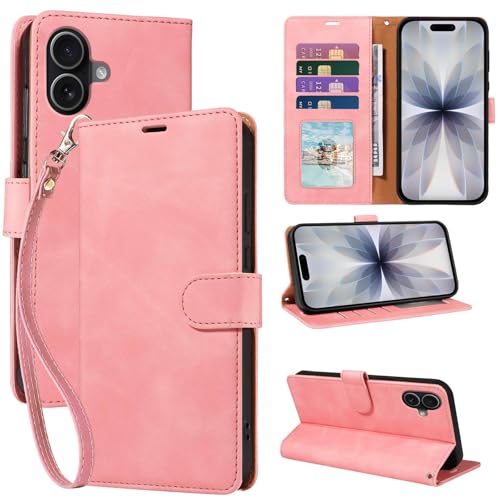 JHWVVTF RFID Blocking for iPhone 17 Wallet Case, 4 Card Slots Holder, Wrist Strap, Soft PU Leather, Shockproof Protective, Phone Stand, Flip Cases, Magnetic Closure, Folio Cover (Pink)