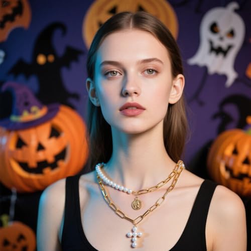 Layered Pearl Necklace for Women Trendy Simple Necklace Gold Chain Choker Necklace Pearl Cross Necklace Tiny Gold Jewelry for Women4