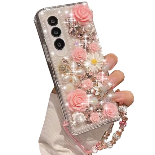 Changjia for Samsung Galaxy A15 5G Glitter Bling Case,Cute Luxury 3D Sparkle Crystal Rhinestone Flowers Diamond Pearl with Lanyard Wrist Strap Women Girls Phone Case for Galaxy A15 5G 6.5 Inch (Pink)