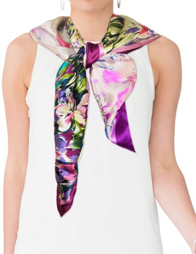 Dahlia Women's 100% Square Silk Scarf - Laurent Monteil Irises Painting - Purple3