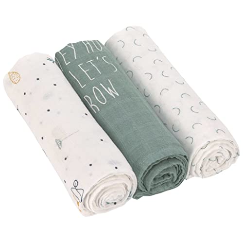 LÄSSIG Coperta Puck per neonati Panno di garza Set di 3 pezzi in cotone 80 x 80 cm/Heavenly soft Swaddle L Garden Explorer Tractor