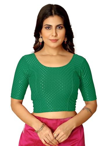 Image of Amazon Brand - Anarva Round Neck Dobby Cotton Lycra Stretchable Elbow Half Sleeve Readymade Saree Blouse for Women Stylish