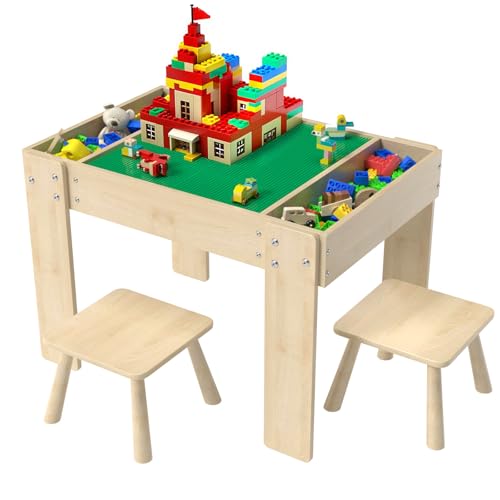 Image of Building Blocks Table with Storage for Kids, Wooden Table Fits Lego Bricks for Toddlers Ages 3+, Kids Activity Play Desk with 2 Chairs, 31.29''X 22.44''X 19.69''