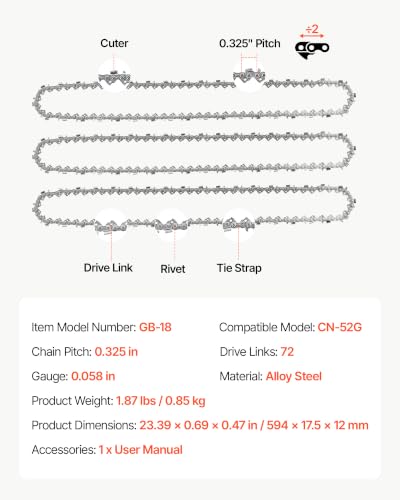 Image of VEVOR Chainsaw Chain 3 Pack 18 Inch 0.325 inch Pitch 0.058 inch Gauge 72 Drive Link