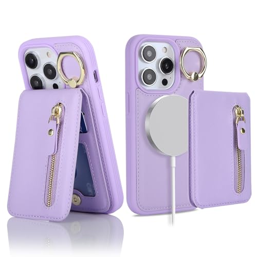 ?????? for iPhone 14 pro Case magsafe compatible iphone 14 pro phone case with Card Holder for women leather zipper phone wallet detachable 2-in-1 magnetic-Purple