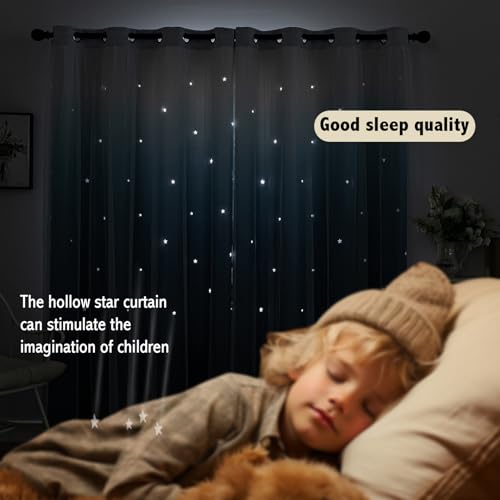 Image of indistar Colourful Stripe Star Cut-Out Blackout Curtains for Bedroom,2 Layers Mix Design of Fabric & Tulle,Pretty Window Curtain for Kids Room 1 Panel (W52 x L95 Dark Blue)