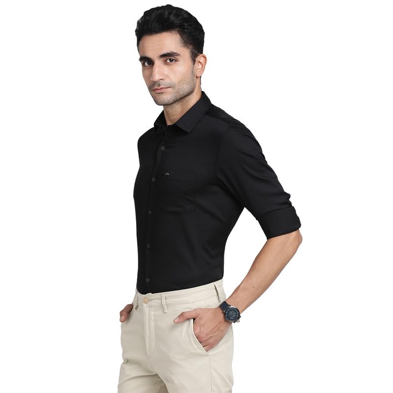 Image of Turtle Men Cotton Stretch Black Solid Slim Fit Casual Shirts
