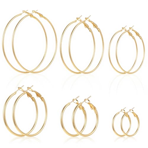 6 paires de boucles d'oreilles créoles en or pour femme, 6 tailles, sans ternissure, fines, imperméables, bouc