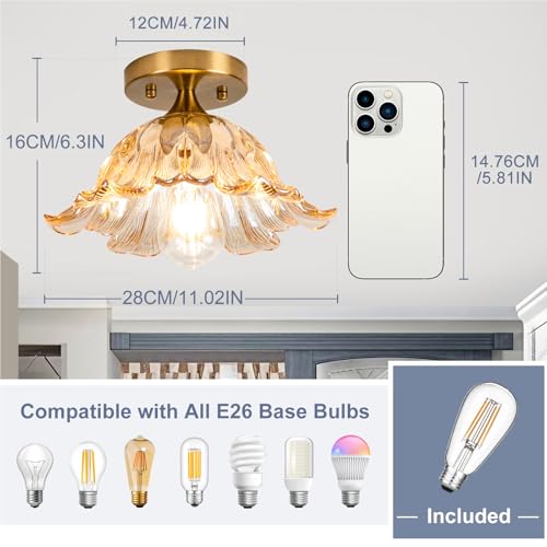 Image of Semi Flush Mount Ceiling Light,Vintage Lights Fixture Ceiling Amber Shade Glass, E26 Ceiling Light Fixtures for Closet Kitchen Bedroom, Bulb Included