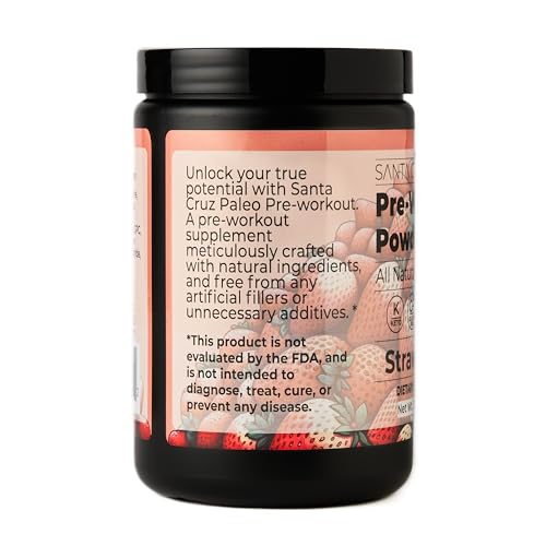 Image of Santa Cruz Paleo Pre Workout Powder Electrolytes, Magnesium, Potassium, Sea Salt & L Citrulline, Caffeine & Sugar Free Preworkout Drink Mix for Energy & Hydration, Strawberry Flavor, 30 Servings