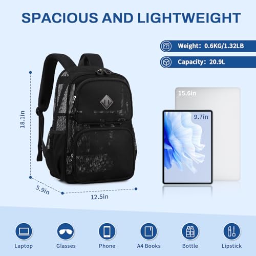 Mesh Backpack for Girls Boys Kids, Heavy Duty Mesh Bookbag, Net Backpack See Through for School,Beach,Swimming,Work,Travel (Black)2