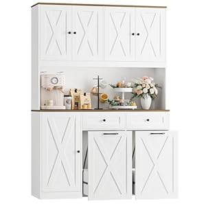 HOSTACK 71″H Kitchen Trash Can Cabinet, 12.5 Gallon Double Pull Out Garbage Can Hutch Cabinet with Trash Bin Storage Holders, 47″ Wide Kitchen Pantry with Hidden Garbage Storage for Dining Room, White