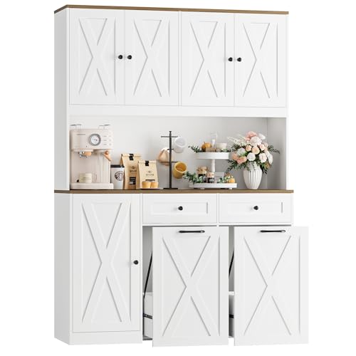 HOSTACK 71"H Kitchen Trash Can Cabinet, 12.5 Gallon Double Pull Out Garbage Can Hutch Cabinet with Trash Bin Storage Holders, 47" Wide Kitchen Pantry with Hidden Garbage Storage for Dining Room, White