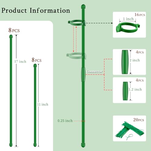 Plant Stakes 17inch &11inch,SupKing Adjustable Length Plant Support Stake 16Pcs Orchid Stick with Clips for Indoor Outdoor,Garden Pole for Potted Tomato Rose Amaryllis Vegetables Comes with 20 Ties - Image 3