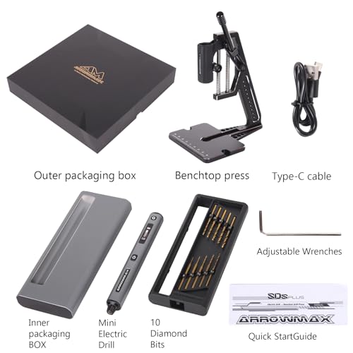 AM ARROWMAX 5-Speed Mini Electric Drill Pen with Benchtop Press, 10 Small Bits with Aluminium Box, LED Lights, OLED Display, Resin Drill Set For Jewelry Making, Plastic, Wood
