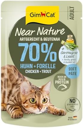GimCat Near Nature Huhn & Forelle - Getreidefreies Nassfutter für Katzen ab dem 7. Monat mit artgerechter und beutenaher Rezeptur - 16 Beutel (16 x 85 g)
