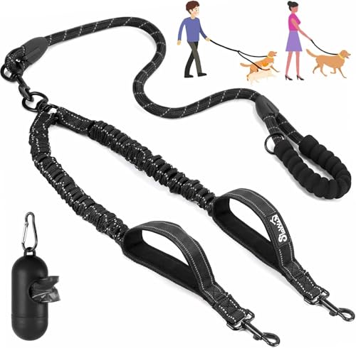 SlowTon Double Dog Lead for Walking 2 dogs No Tangle - 360° Swivel Heavy Duty Reflective Adjustable Dual Splitter with Soft Padded Handle, Comfortable Shock Absorbing Leash for Small Medium Dogs