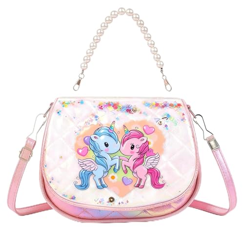 Image of PATPAT Unicorn Sling Bag for Girls, Women & Kids - Pink, Animal Print, Zipper Closure, Beaded Chain & Shoulder Straps, Compact Size (19x9x14 cm), Birthday Gift