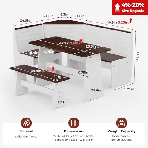 Image of Breakfast Nook Dining Table Set - Corner Dining Table Set for 4-6 People, Extra Long Solid Wood L Shaped Kitchen Nook Dining Set Space Saving Booth Seating with Bench for Small Spaces, White Brown