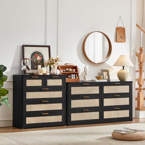 Image of LEYAOYAO Rattan Dresser for Bedroom Set of 2, 33.5 inch Tall Chest of Drawers, Modern 5 Drawers Boho Dressers with Storage, Light Oak Dresser Wooden Closet Organizer for Living Room, Hallway, Black