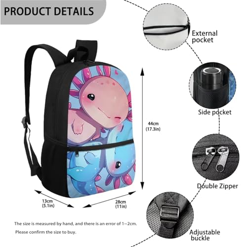 Coldinair Axolotl Little Girls Backpack for Elementary School Girls Kindergarten Backpack for Girls 17inch 3 Piece School Bag Set with Lunch Box Pencil Case Large Capacity Book Bag for Kids3