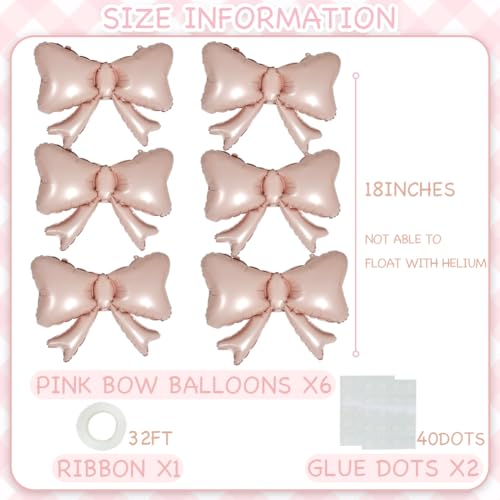 Image of 6 Pieces Pink Bow Balloons, Macaron Pink Matte Metallic Bow Foil Balloons for Girls Women Bowtie Birthday Party, Baby Shower, Gender Reveal Party, Balloon Garland Accessories
