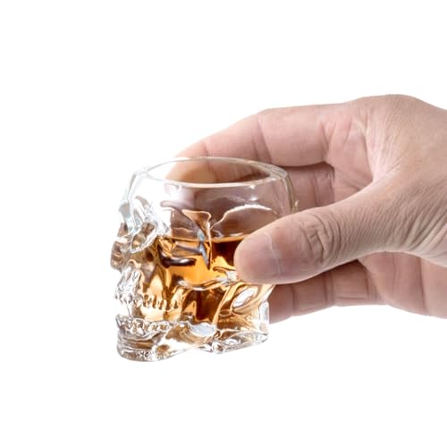 MyGift Set of 6 Skull Shot Glasses – 2.8 oz Clear Glass Novelty Drinkware for Halloween Parties, Cocktail Bars & Home Decor – Spooky 3D Skull Design
