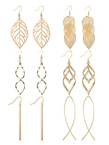 Anlsen 6 Pairs Drop Dangle Earrings for Women Long Bar Double Twist Wave Curved Threader Cut Out Leaf Lightweight Earrings Set