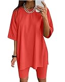 Halfword Women 2 Piece Outfit Sets Casual Oversize T-Shirt Tops Biker Shorts Workout Sport Tracksuit Lounge Sets Red M