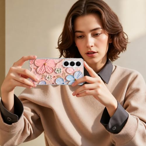 Image of Elzzi Compatible with Samsung S26 Case Laser Flower Oil Painting Cute Colorful Blue Ray Bumper with Full Camera Protection Shockproof PC+TPU Glossy Shiny Cover for Girls Women, Pink