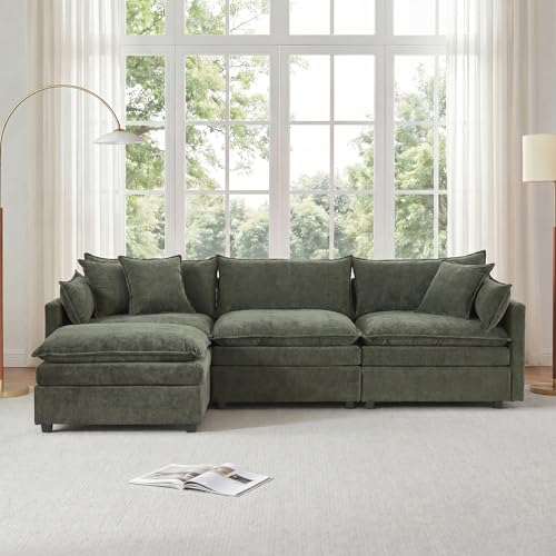 Image of 108.7 inch L Shaped Modular Sectional Sofa, Comfy Upholstery Chenille Cloud Couch with Ottoman, Modern 4-Seat Deep Seat Sofa with Pillow for Living Room, Apartment, Green