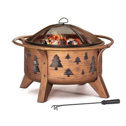 SUNJOY Foyer de Jardin, diamètre 76 cm, Brasero Rond en Acier avec Grille Pare-étincelles et tisonnier, Foyer à Bois d'extérieur pour terrasse, Couleur...