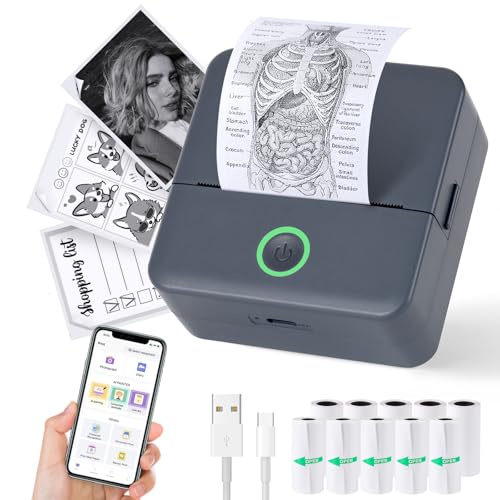 Print Pods Mini Printer, Thermal Inkless Sticker Maker with 10 Rolls Printing Paper, Pocket Printpod for phone, Impresora Portátil for Notes, Flashcards, DIY, Compatible with iOS & Android(Grey)