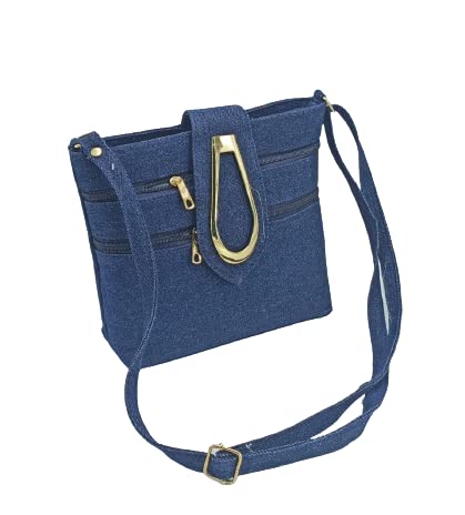 SHOPATHON INDIA Girl's Denim Golden Clip Lock Multi Pocket Jeans Sling Side Bag with Long Belt (Blue)