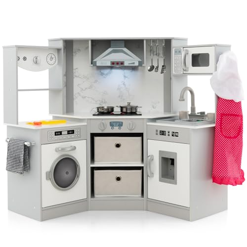 HONEY JOY Corner Kids Kitchen Playset, Wooden Play Kitchen for Toddlers, Range Hood, Water Circulation, Water Dispenser, Storage Box, Little Chef Pretend Toy Kitchen Set w/Lights & Sounds, Gray