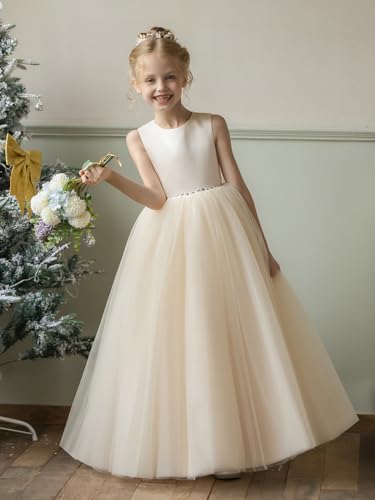 Girl's Crew Neck Tulle Flower Girls Dresses for Wedding Back Tied Bow Pageant Princess First Communion Dress3