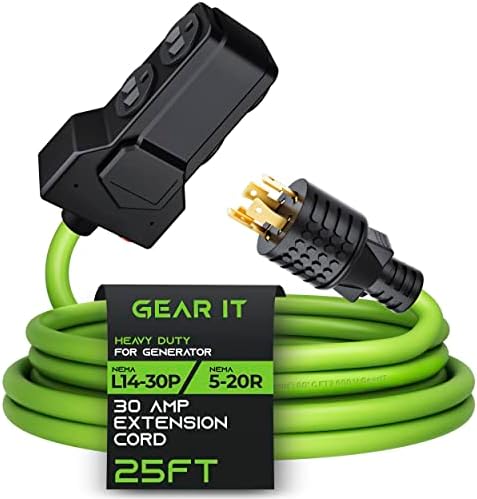GearIT 30-Amp/Duplex 5-20R x4-Outlets Adapter Cord (25-Feet) 4-Prong 30A Generator Extension Cord to 4X Household 125/250V (NEMA 14-30P to Four 5-20R) STW 10AWG/4 Heavy Duty Twist Lock - 25ft